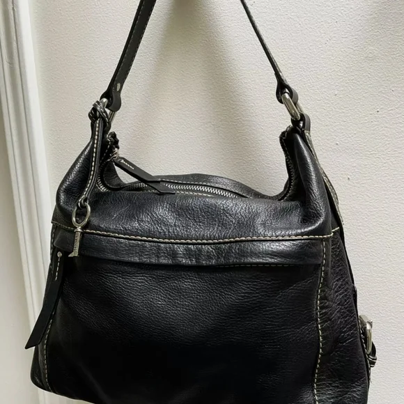 Fossil Black Pebbled Leather Hobo Satchel Tote Bag with Silver Key Charm - Picture 5 of 11